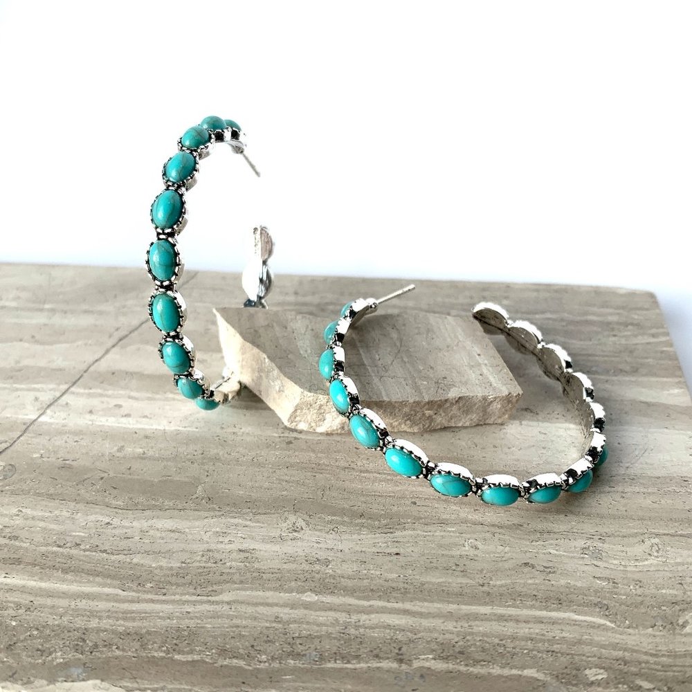 NEW ~ Free People Turquoise Stone "Buckaroo Hoops" Silver Earrings - Picture 9 of 16